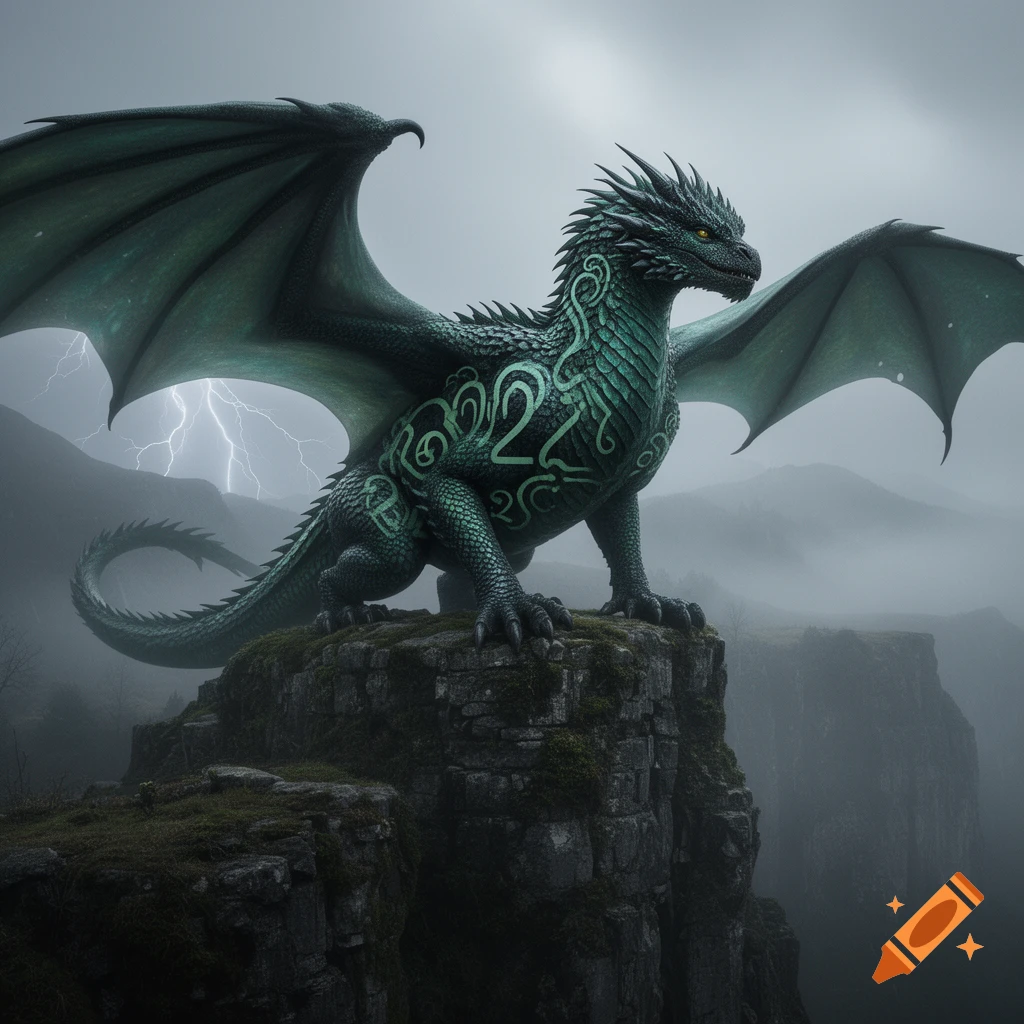 A majestic green dragon with glowing patterns on its body perches on a rocky cliff under a stormy, lightning-filled sky.
