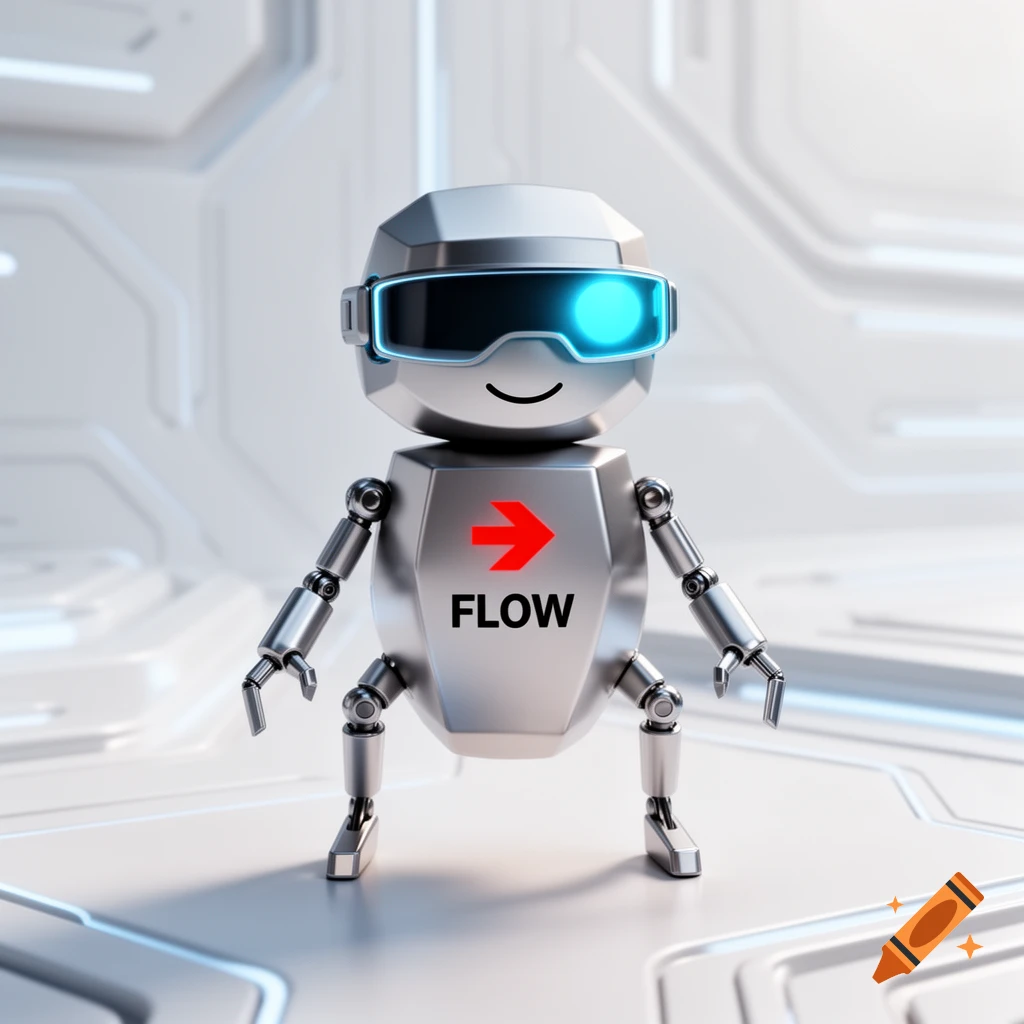 A high-quality 3D render of a silver minimalist robot mascot with a blue visor and 'FLOW' text with a red arrow on its chest, on a bright futuristic background.
