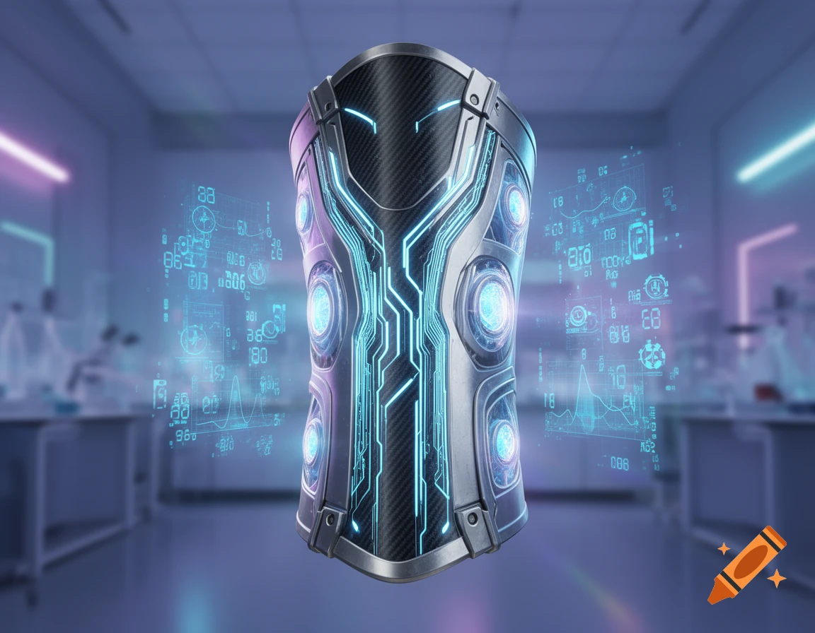 A high-tech metallic bracer with glowing blue circuits and holographic data floats in a futuristic lab.