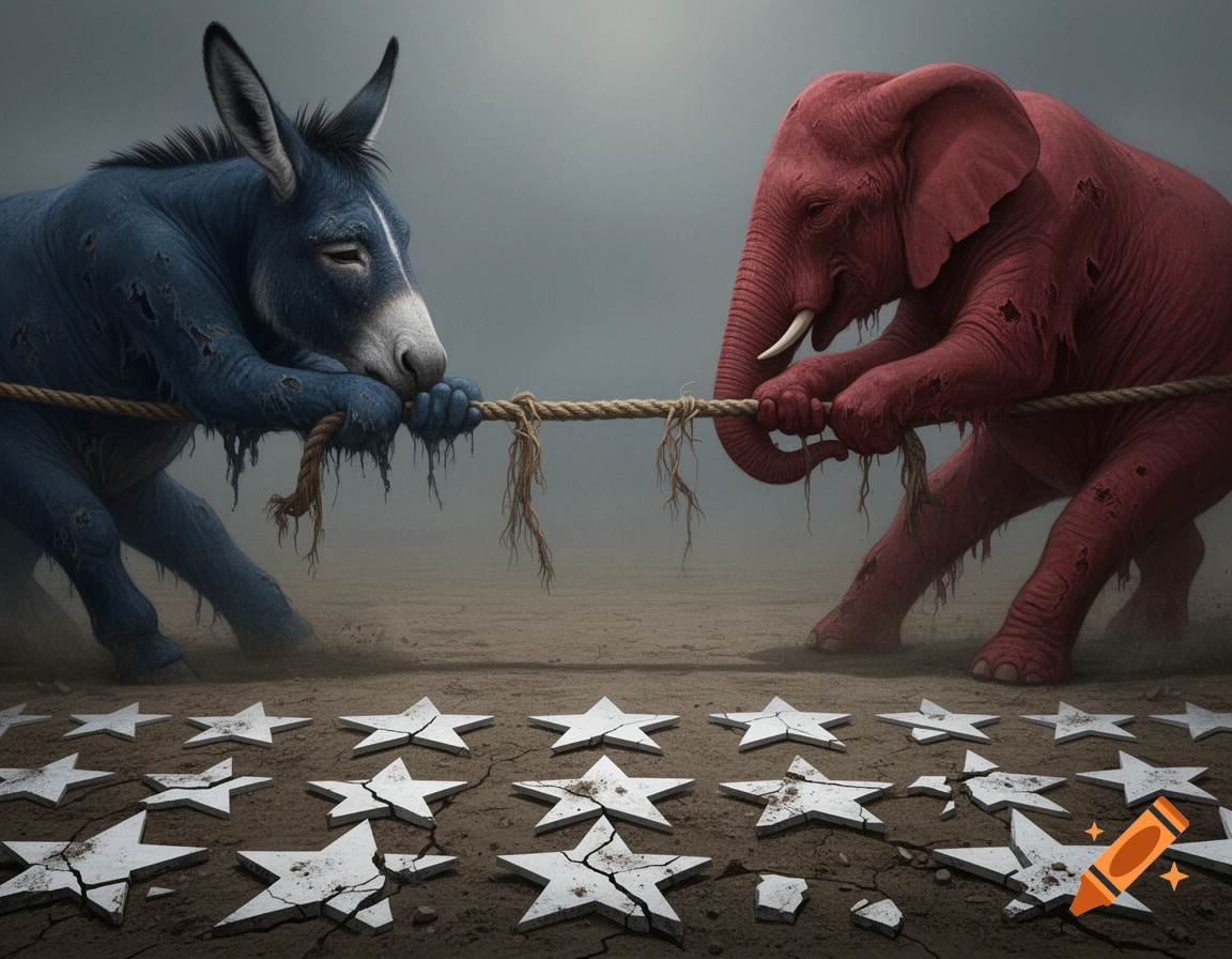 A blue donkey and a red elephant are in a tug-of-war, pulling a frayed rope over cracked white stars on a barren ground.