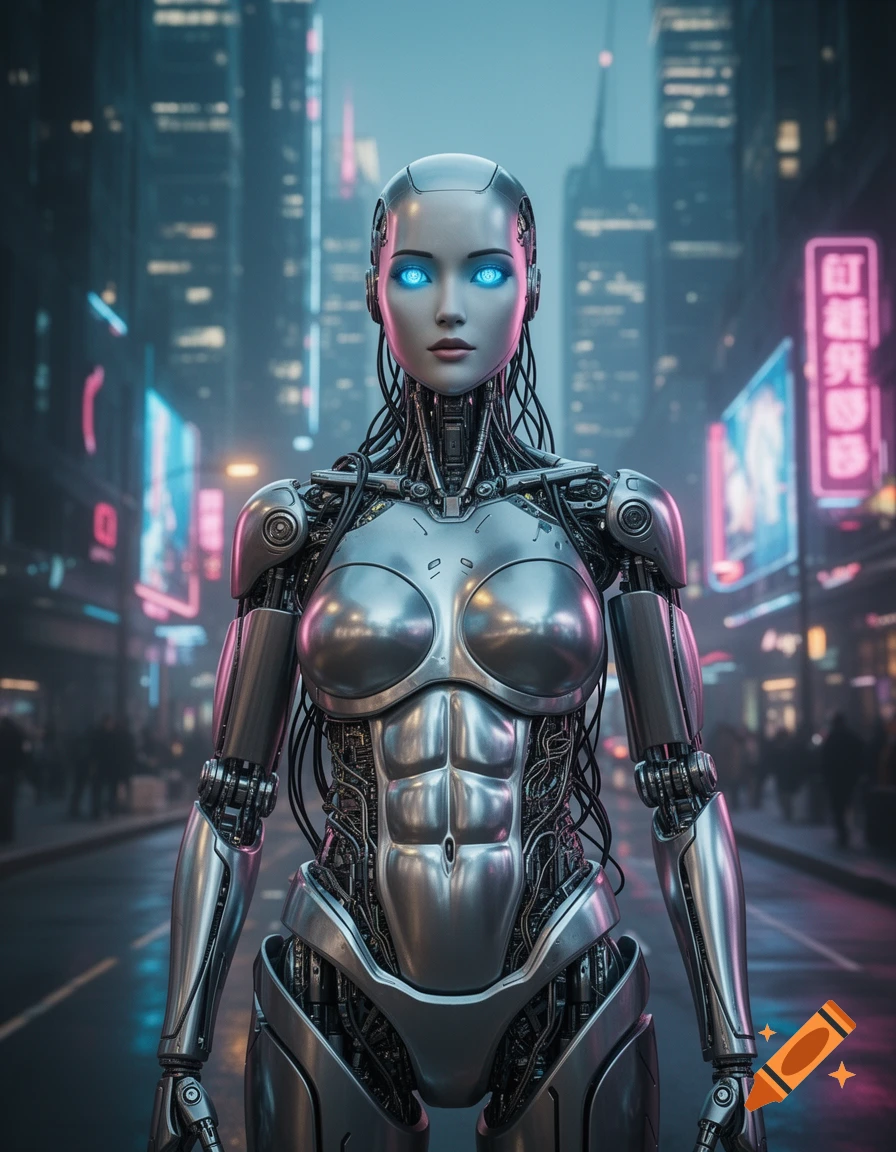 Photorealistic image of a metallic female robot with glowing blue eyes and a six-pack in a neon-lit cyberpunk city.
