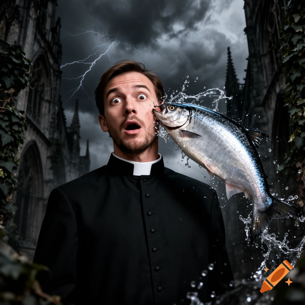 A shocked priest is hit in the face by a flying fish, with water splashing against a stormy gothic church background and lightning.