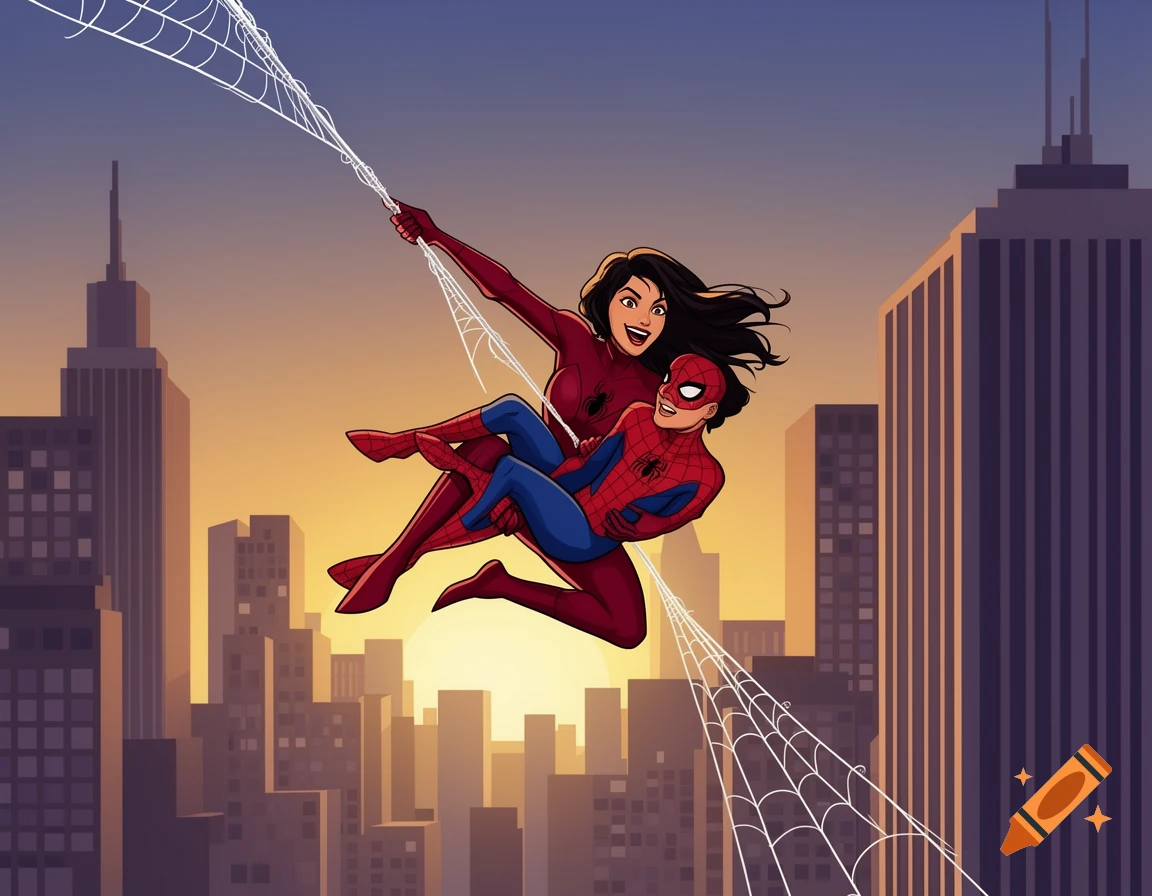 Spinneret swings through a city at sunset, carrying Peter Parker in a simple comic art style.
