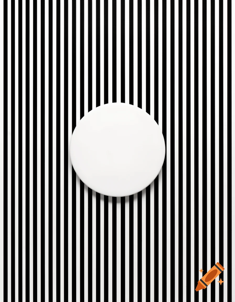 A white circle centered on a background of thin, alternating black and white vertical stripes.
