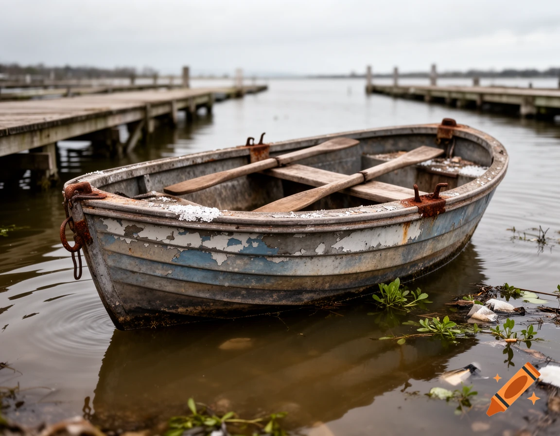 A weathered dinghy with peeling paint and oars floats in murky water beside a wooden dock under a gray sky.