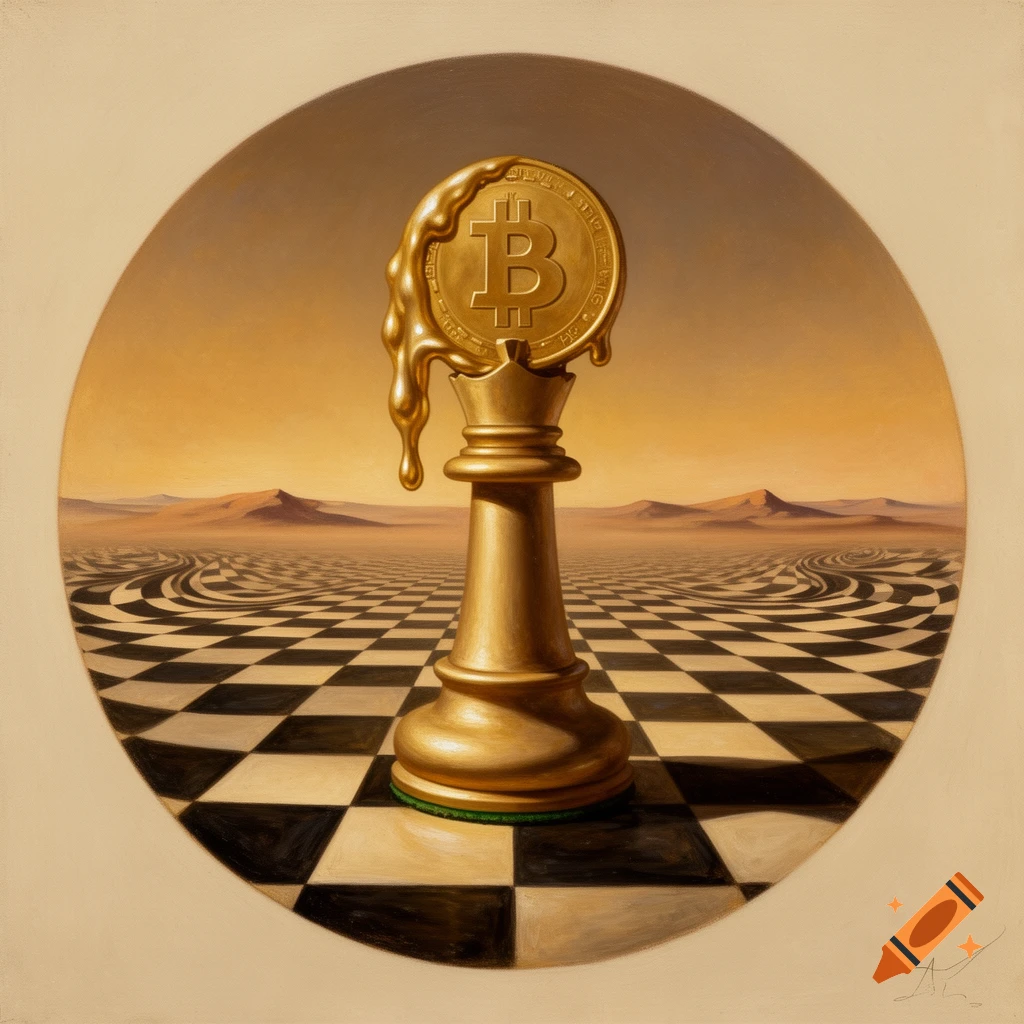 Surreal oil painting of a melting golden Bitcoin coin atop a chess king piece on a distorted chessboard stretching into an amber desert.