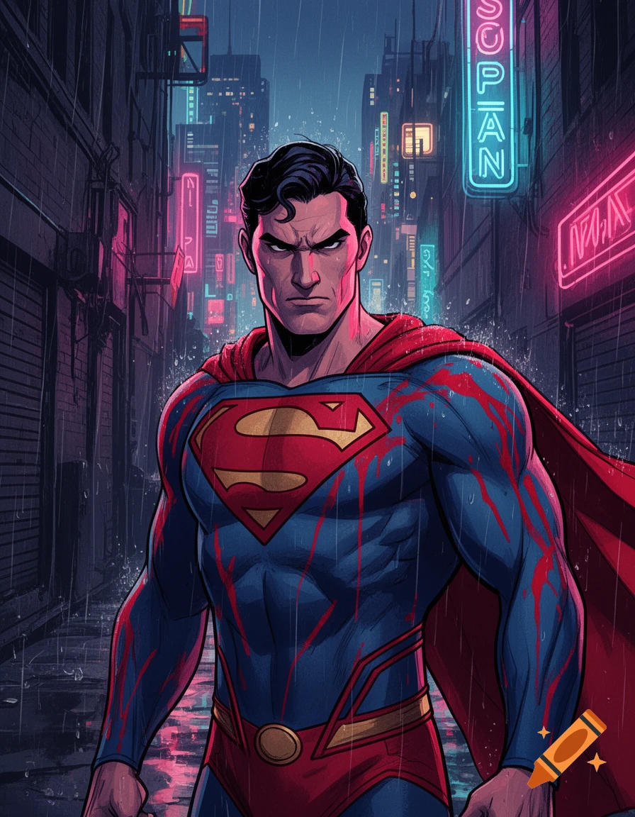 An illustration of Superman, his blue and red suit splattered with red, standing grimly in a rainy, neon-lit city alleyway.