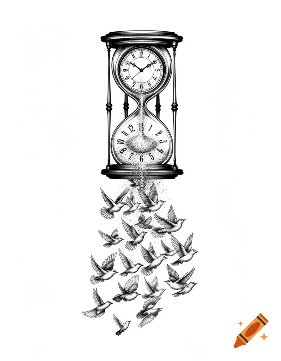 A black and white surreal illustration of an hourglass with a clock face on top, its sand turning into a flock of birds flying downwards.
