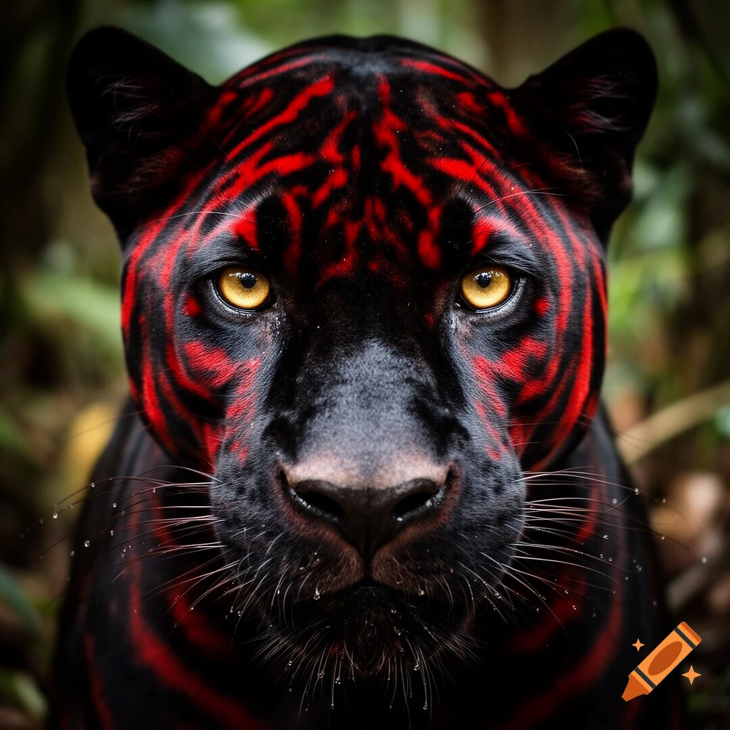 Close-up of a black panther's face with striking red stripes and glowing yellow eyes, looking directly forward.