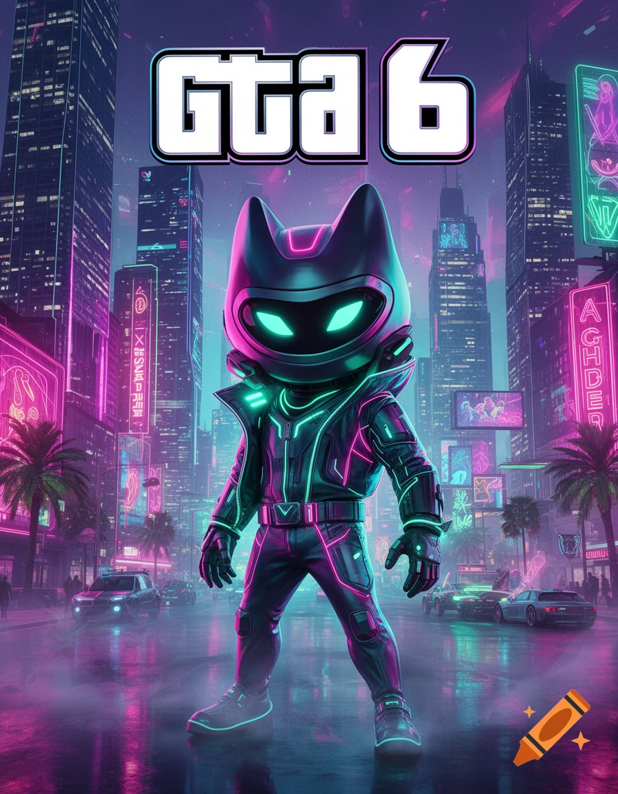 A stylized character with a cat-like helmet and glowing eyes stands in a neon-lit cyberpunk city street, with "GTA 6" at the top.
