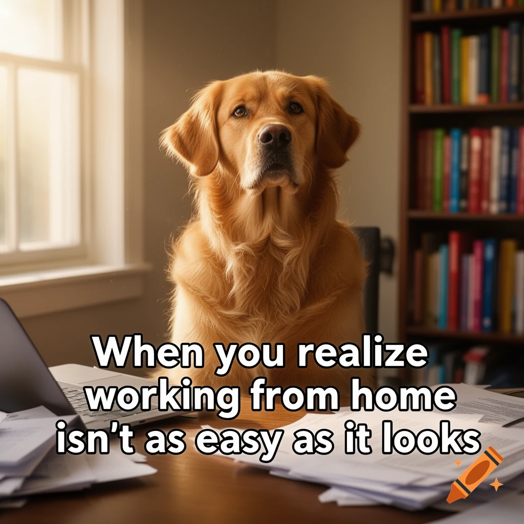 Golden Retriever dog at a desk with a laptop and papers, with meme text about working from home not being easy.