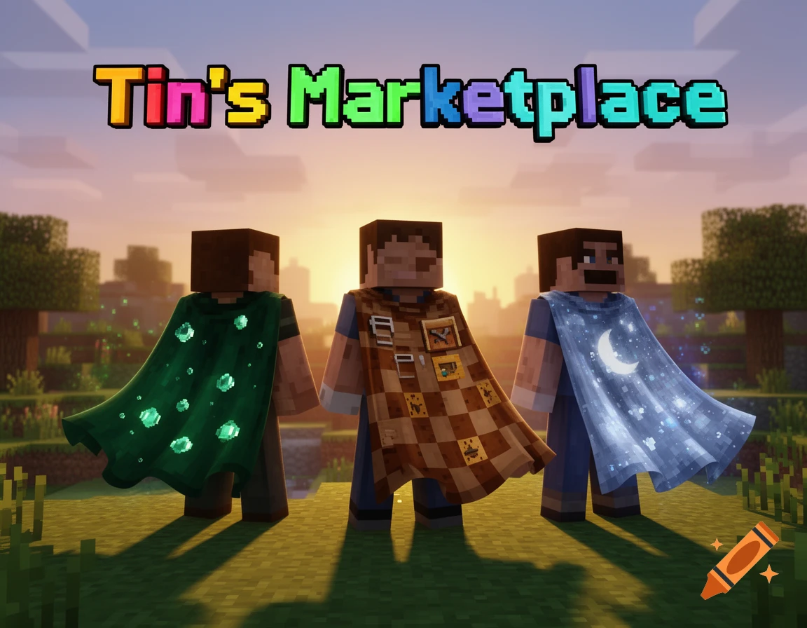 Three Minecraft characters in capes (experience, crafter, moonlight) stand in a grassy world at sunset, with 'Tin's Marketplace' above them.