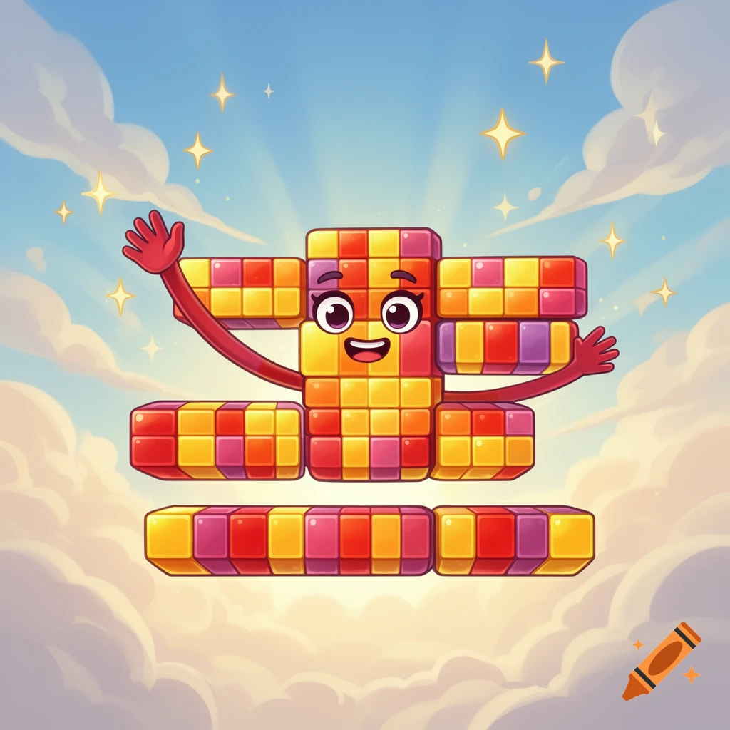 A smiling cartoon character made of colorful blocks waves its arms while floating in a bright blue sky with clouds and stars.