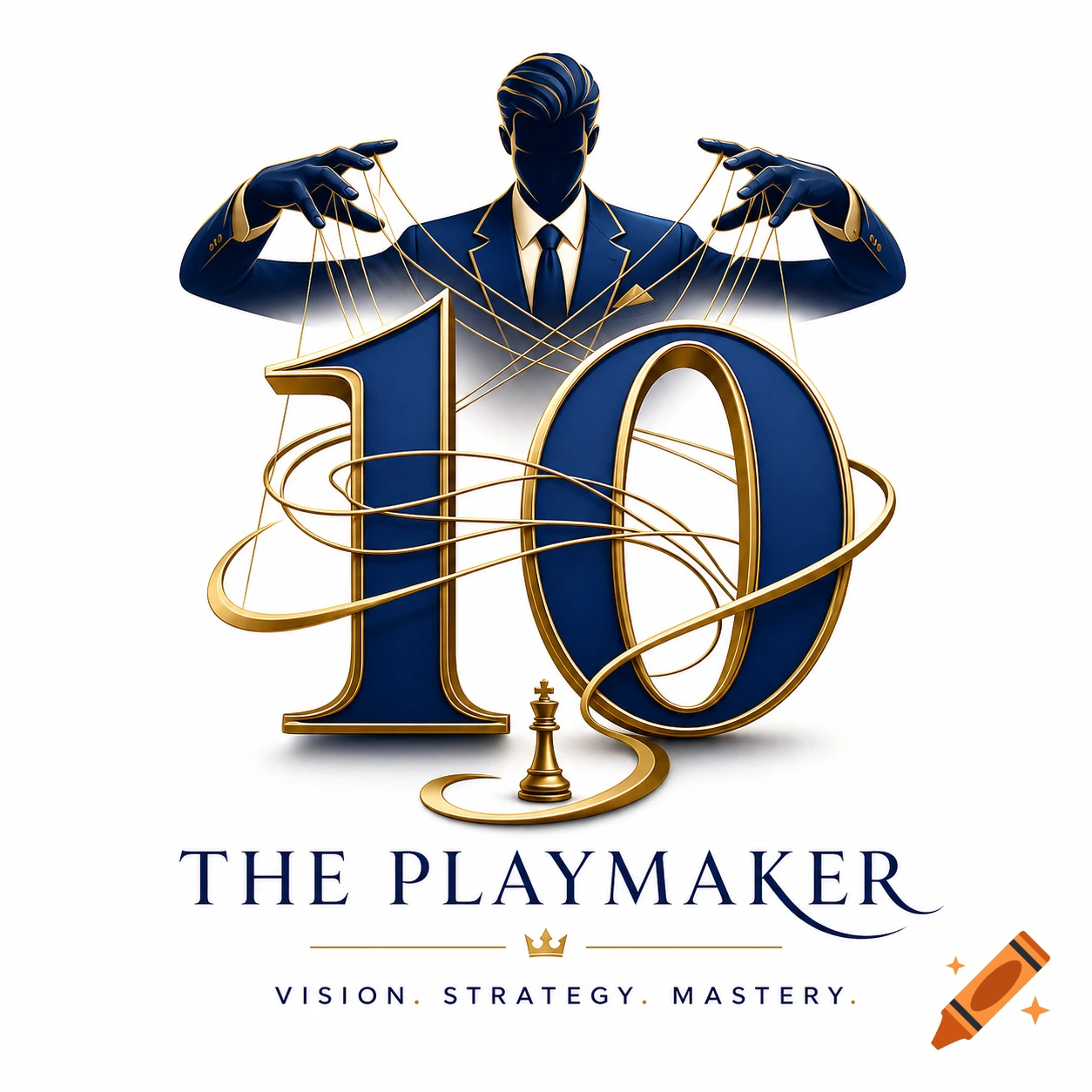 Stylized logo with a dark blue suit-clad figure acting as a puppeteer over a large gold and blue number 10, with a chess king. Text reads 'THE PLAYMAKER'.