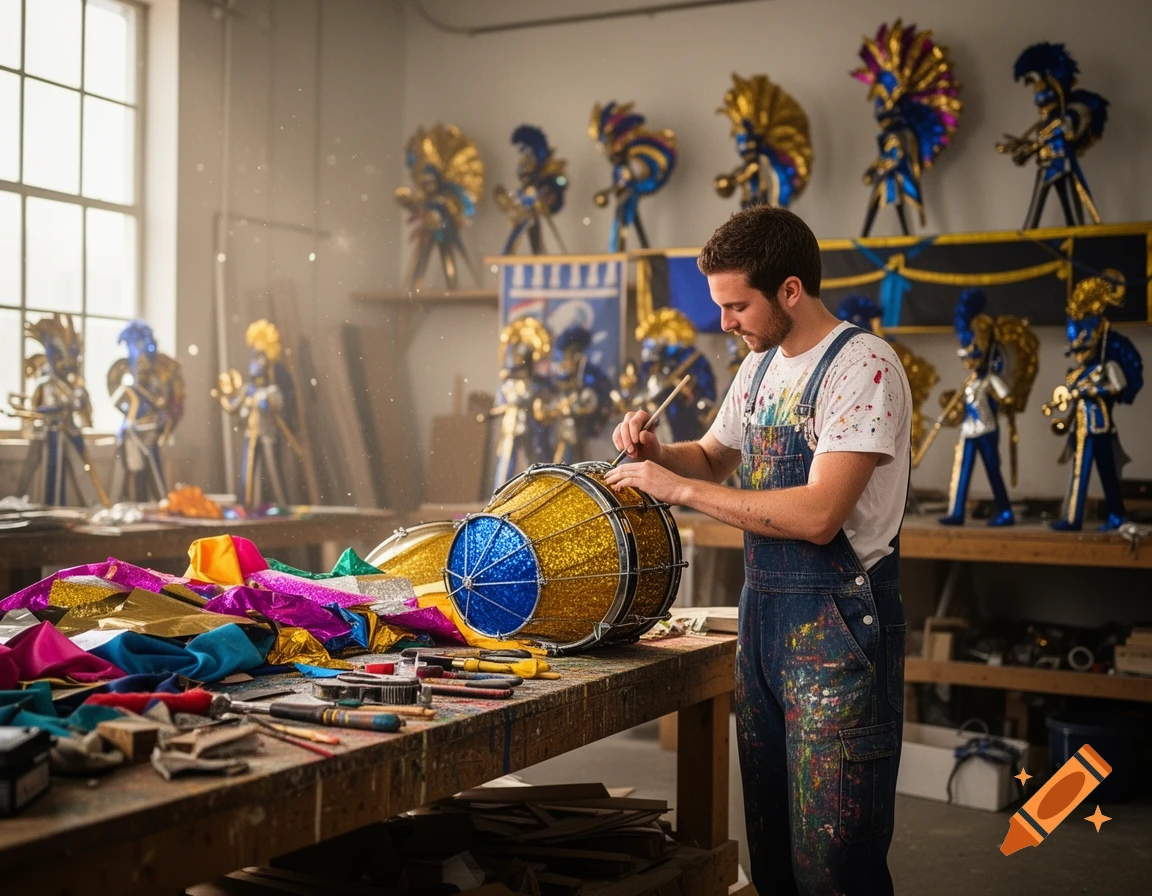 A man in paint-splattered overalls meticulously paints a glittery gold and blue drum in a dusty workshop filled with parade props.