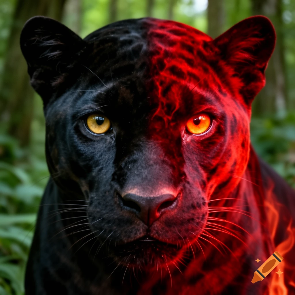 A photorealistic close-up of a panther's face, half black and half glowing red with fiery patterns, in a blurred forest.