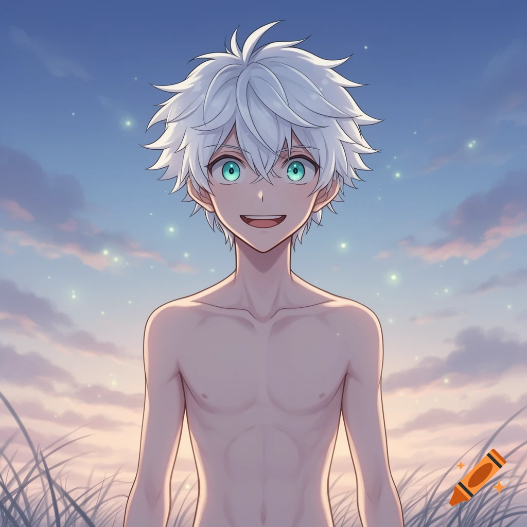 Smiling shirtless anime boy with white spiky hair and green eyes, standing in grass under a glowing blue sky.