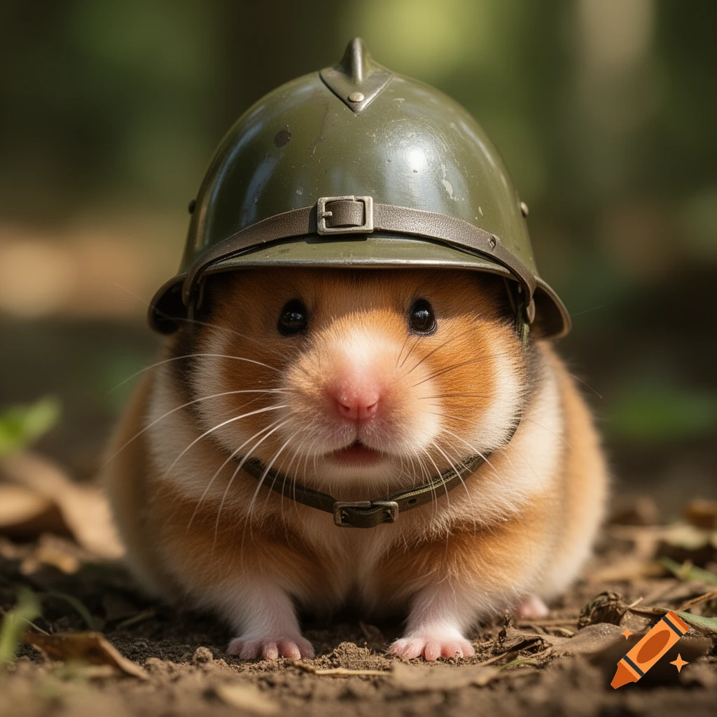A photorealistic hamster wearing a military helmet sits on the dirt ground.