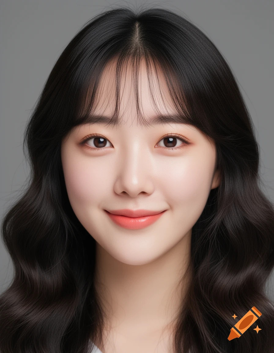 A photorealistic portrait of a young Korean woman with long dark wavy hair, wispy bangs, a delicate smile, and natural makeup against a grey background.