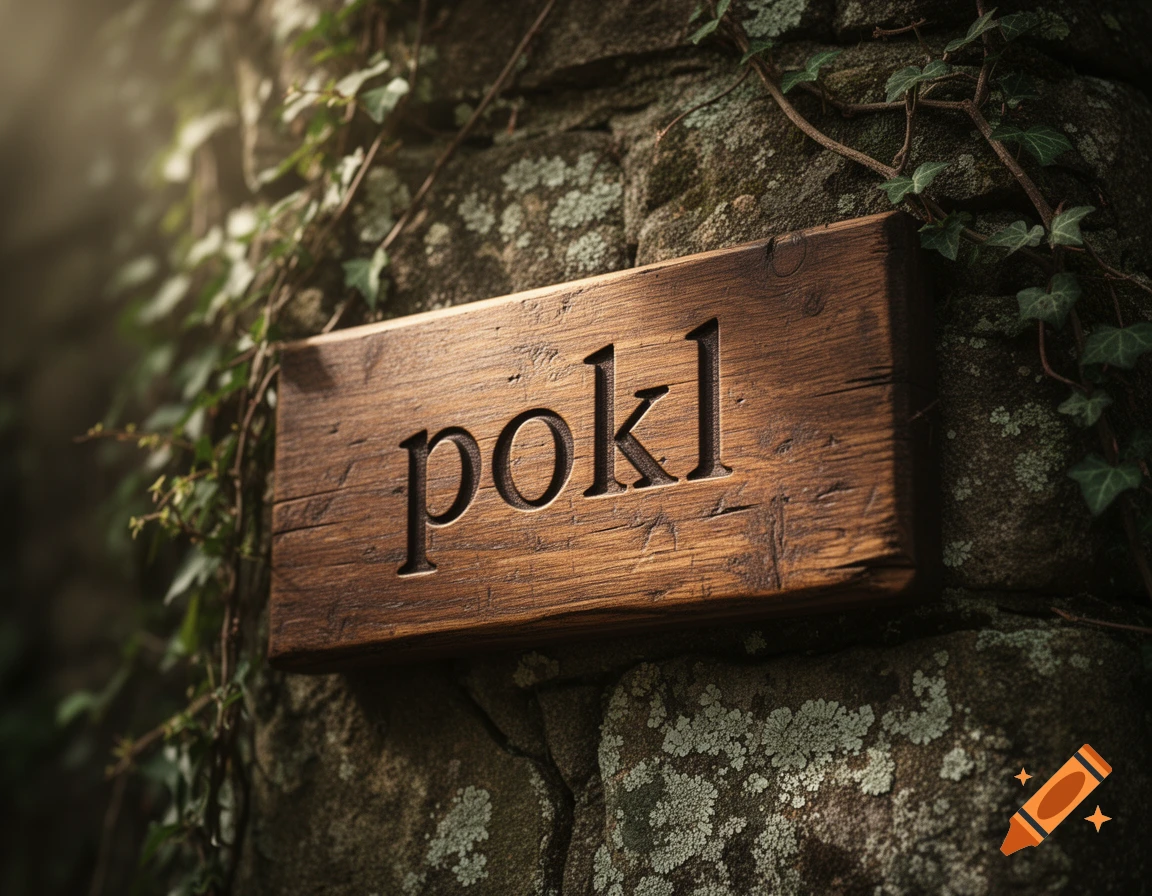 A wooden sign with 'pokl' carved into it, hanging on a mossy stone wall covered in ivy.