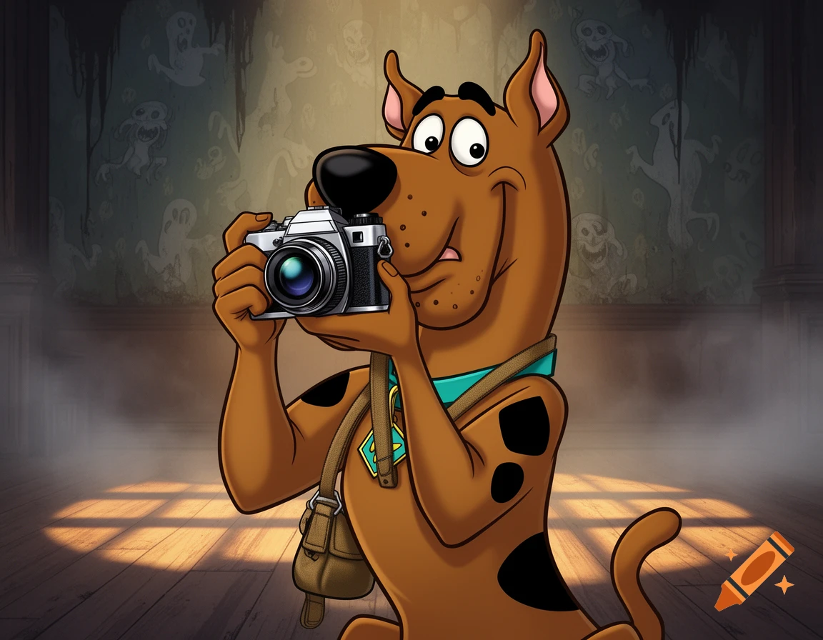 Cartoon Scooby-Doo holds a camera in a dimly lit room with ghost wallpaper.