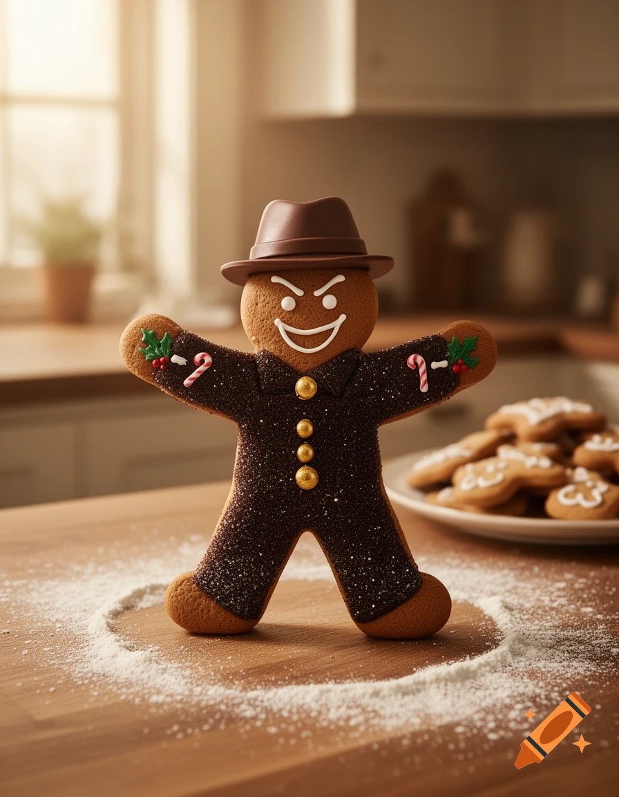 A gingerbread man wearing a brown fedora and a dark, glittery suit with gold buttons stands on a flour-dusted wooden counter in a kitchen, with a mischievous expression, candy canes, and holly on his arms.