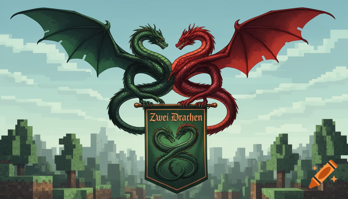 Two green and red dragons intertwine around a banner reading 'Zwei Drachen' over a pixelated Minecraft landscape.