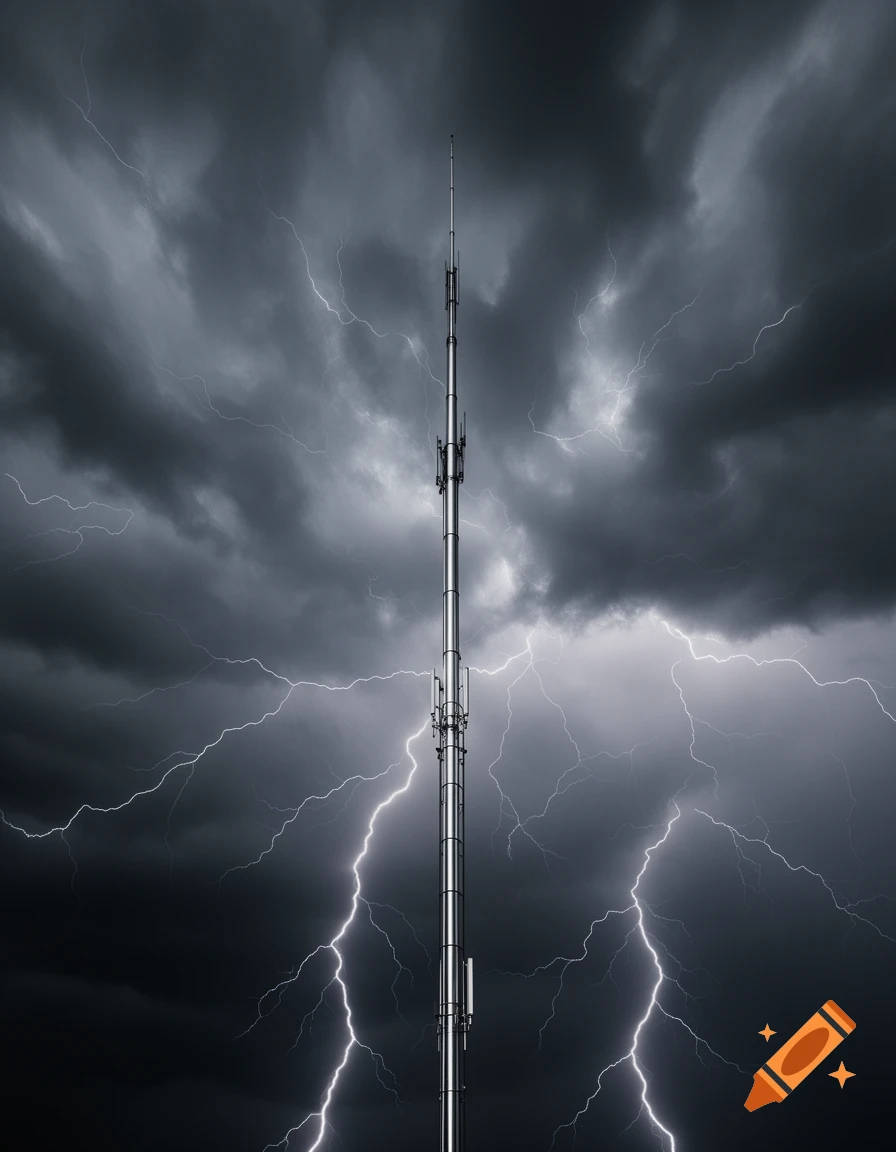 A tall communication tower stands against a dark, stormy sky with multiple bright lightning bolts.