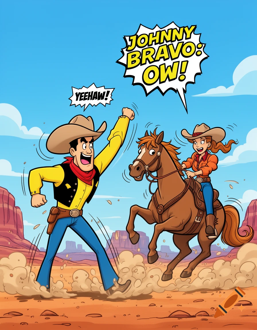 Johnny Bravo reacts "YEEHAW!" and "JOHNNY BRAVO: OW!" as a cowgirl on a horse kicks up dust in a cartoon western desert scene.