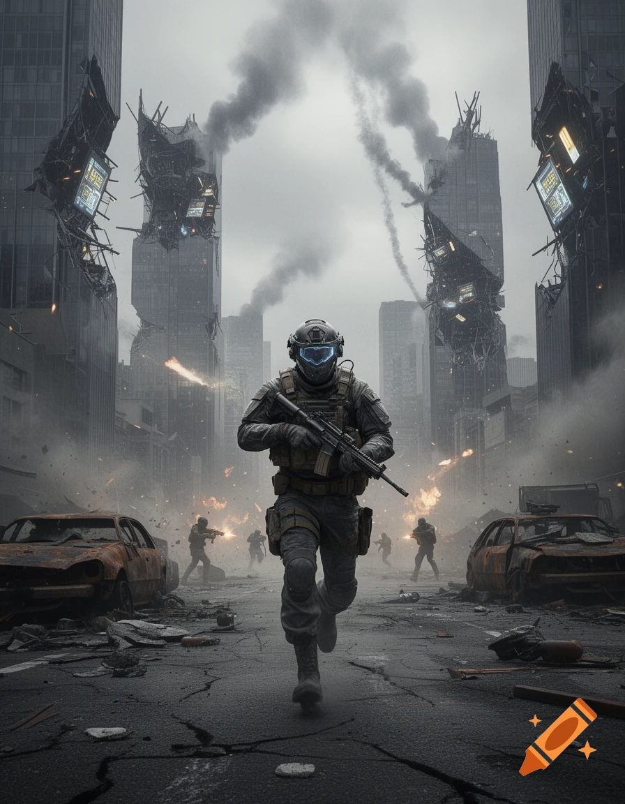 A futuristic soldier runs through a smoke-filled, war-torn city with destroyed skyscrapers and burning cars, holding a rifle.
