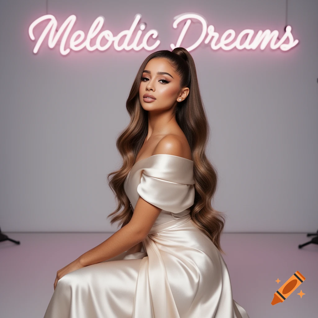 A photorealistic portrait of a woman resembling Ariana Grande in a white off-shoulder gown, posing in a studio with a pink neon sign that reads 'Melodic Dreams'.