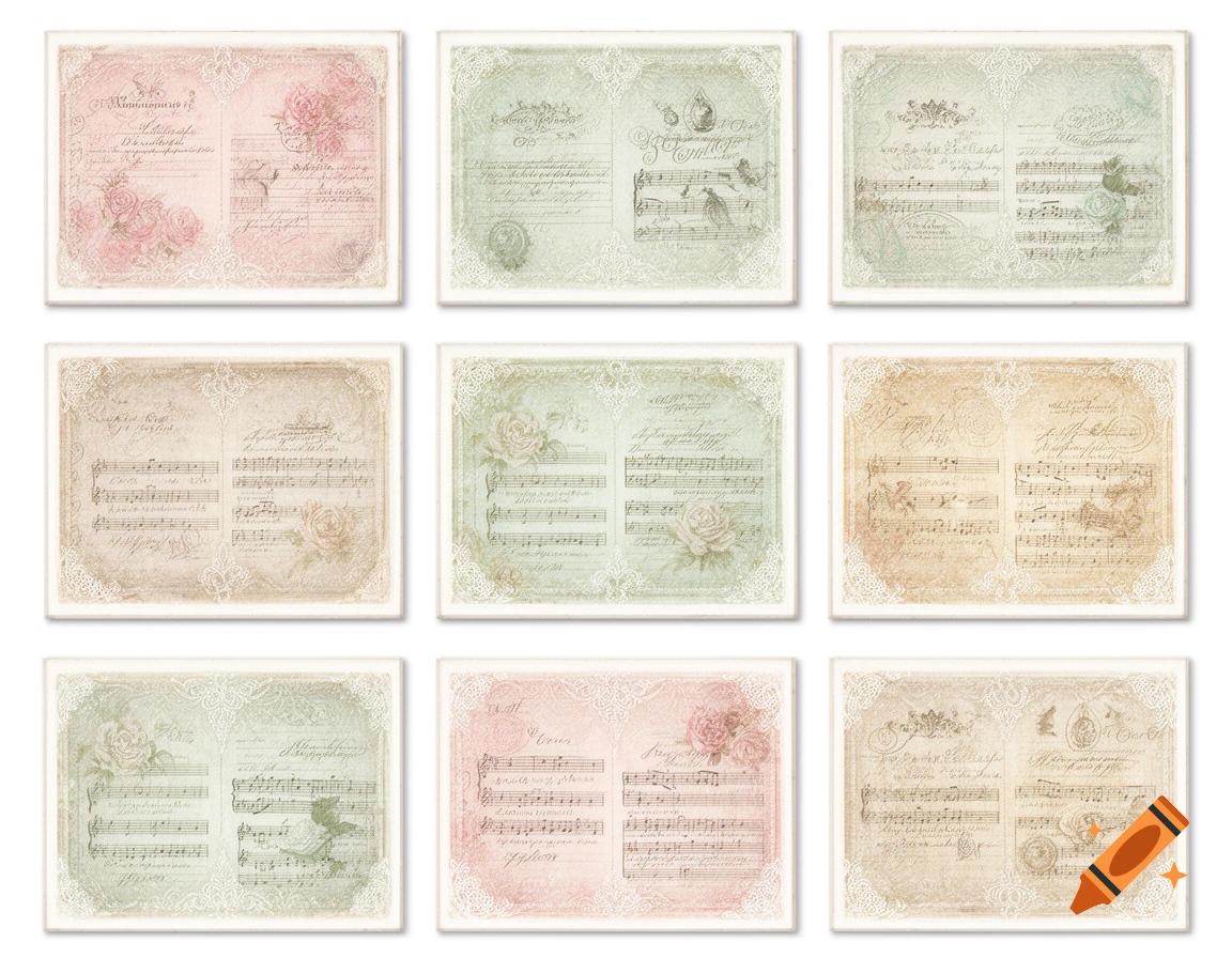 Nine rectangular shabby chic decoupage illustrations featuring faded scripts, musical notes, ornaments, and roses on a white background.
