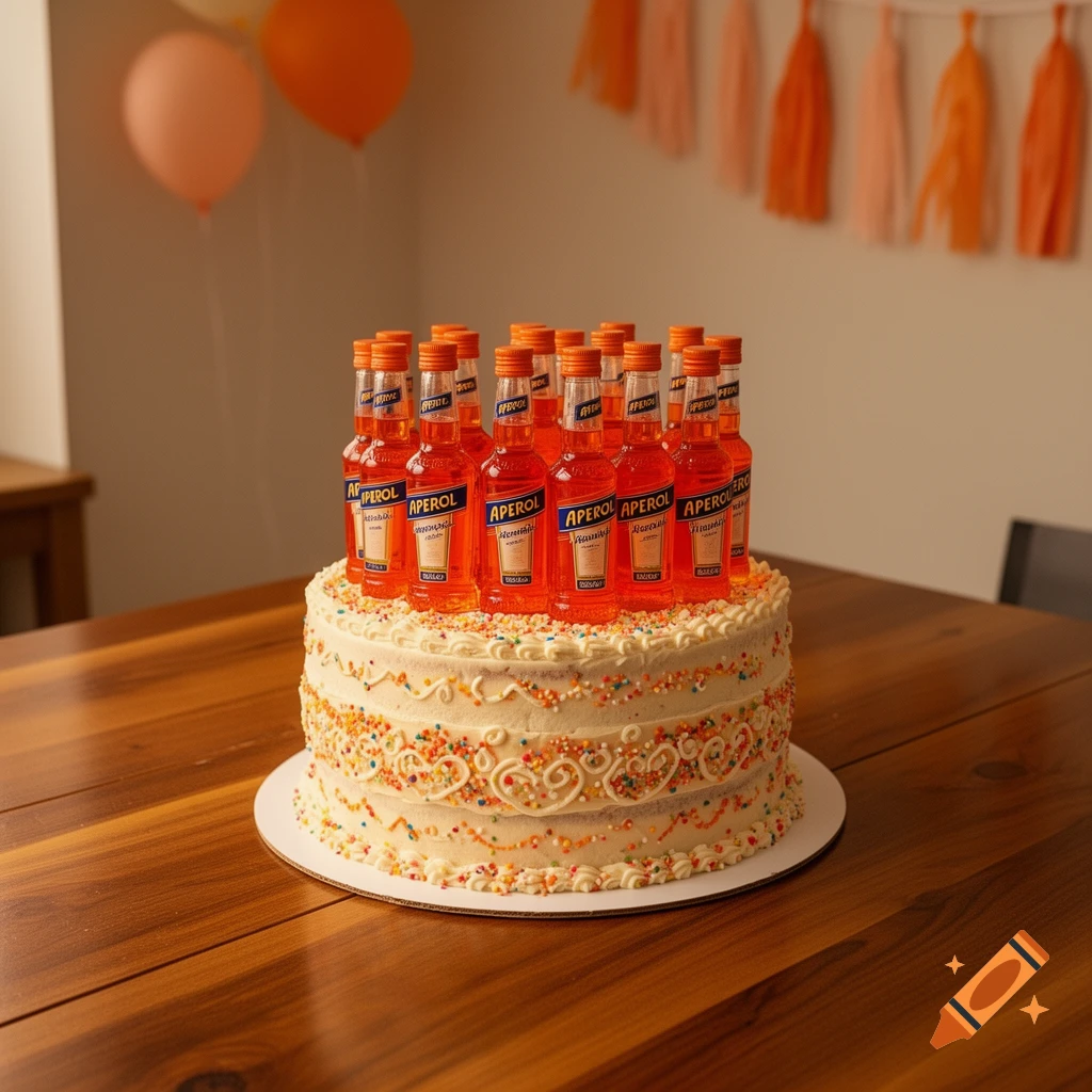 A birthday cake decorated with colorful sprinkles and topped with multiple mini Aperol bottles, set on a wooden table.