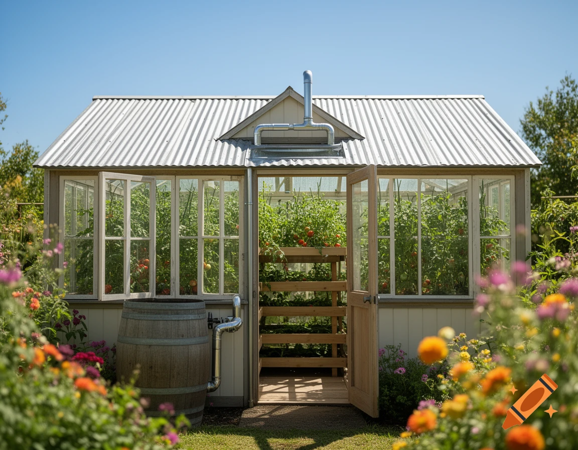 A rustic greenhouse with a corrugated metal roof, open door, and windows revealing lush tomato plants inside, surrounded by colorful wildflowers.