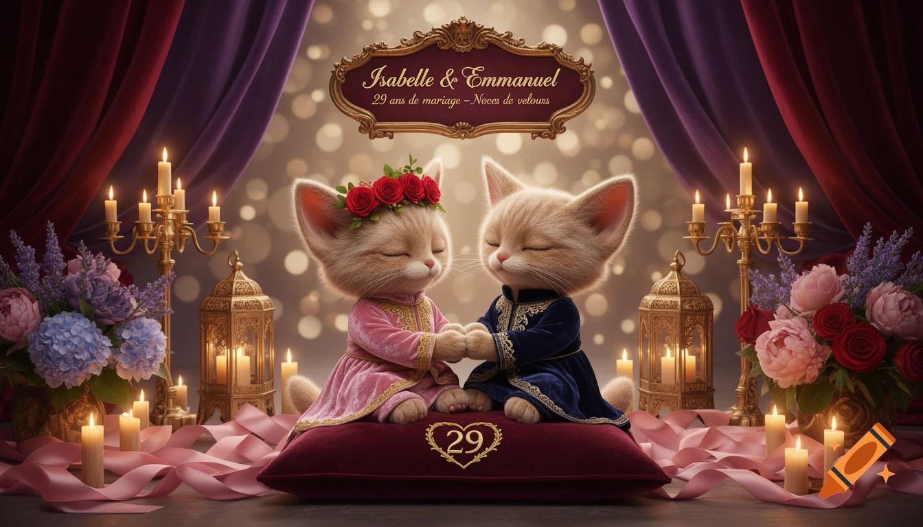 Two cute cartoon cats in elaborate outfits, holding paws on a velvet cushion, surrounded by flowers, candles, and ribbons, under a sign.