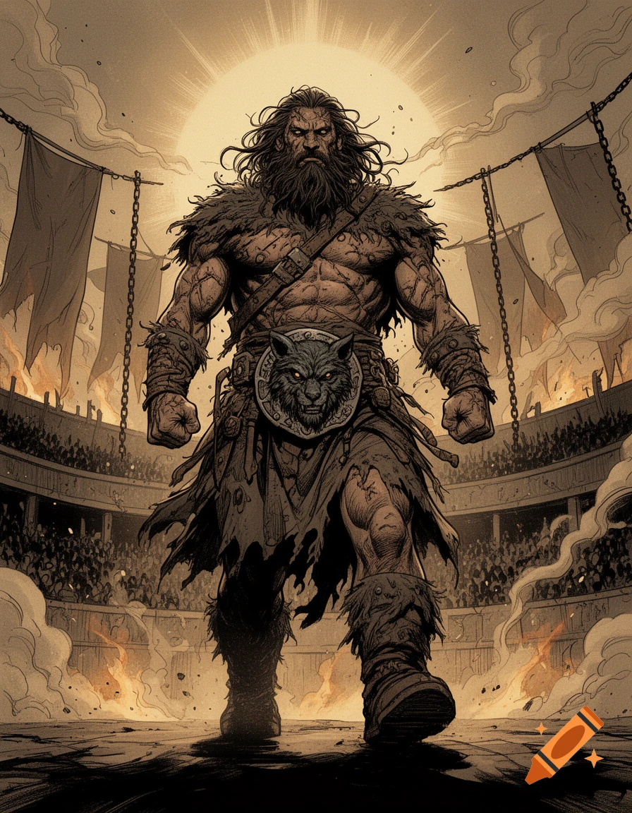 A huge, muscular barbarian warrior with a thick beard enters a smoky fighting arena with clenched fists, in a comic book style.