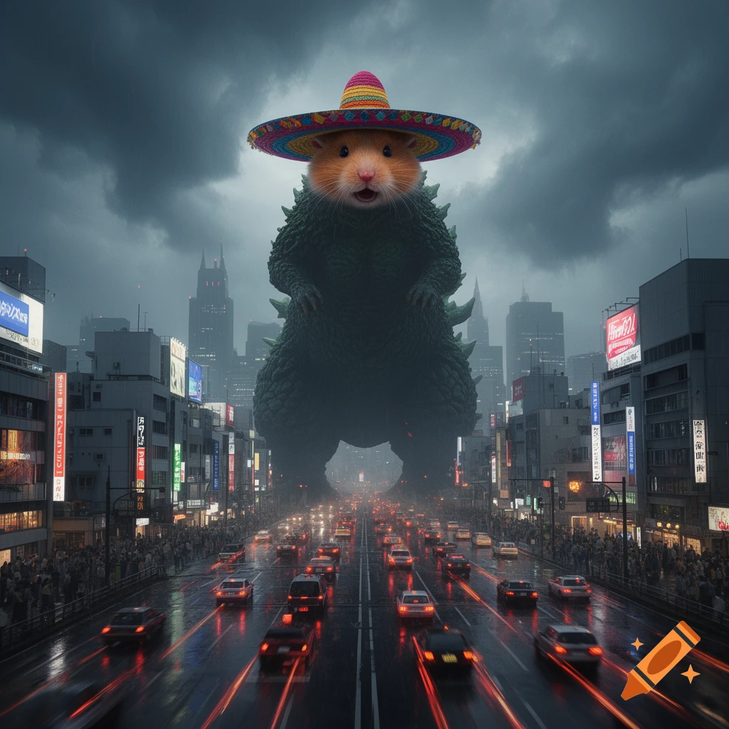 Giant hamster in a sombrero, resembling Godzilla, stands over a busy city street at dusk, photorealistic.