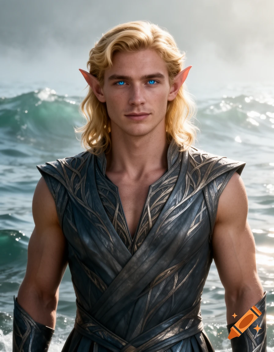 A photorealistic portrait of a blonde-haired male elf with blue eyes and pointy ears, wearing ornate dark armor, standing in turbulent ocean water.