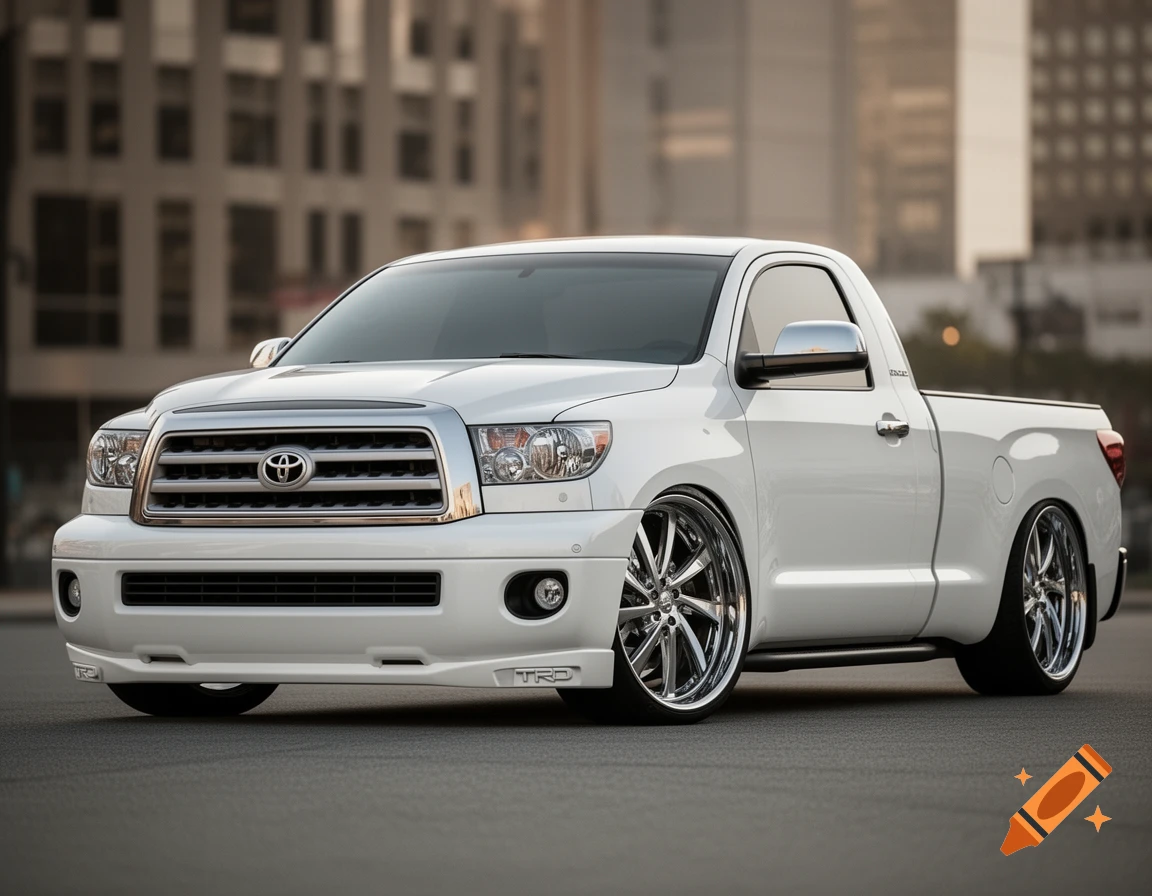 A white modified Toyota Tundra pickup truck with chrome rims and lowered suspension, parked on asphalt in a city.