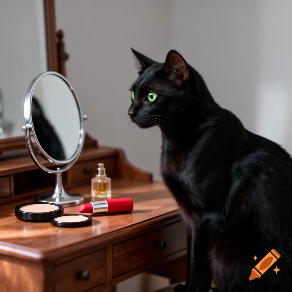 A photorealistic black cat with bright green eyes sits at a wooden vanity table, looking into a round mirror with makeup items nearby.
