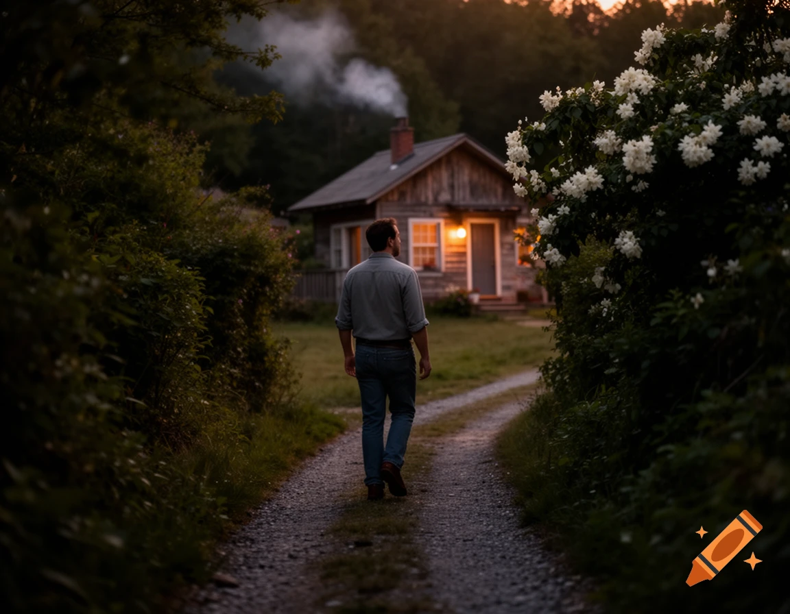 A man walks down a gravel path towards a rustic cabin with a smoking chimney at dusk, surrounded by lush greenery and white flowers.