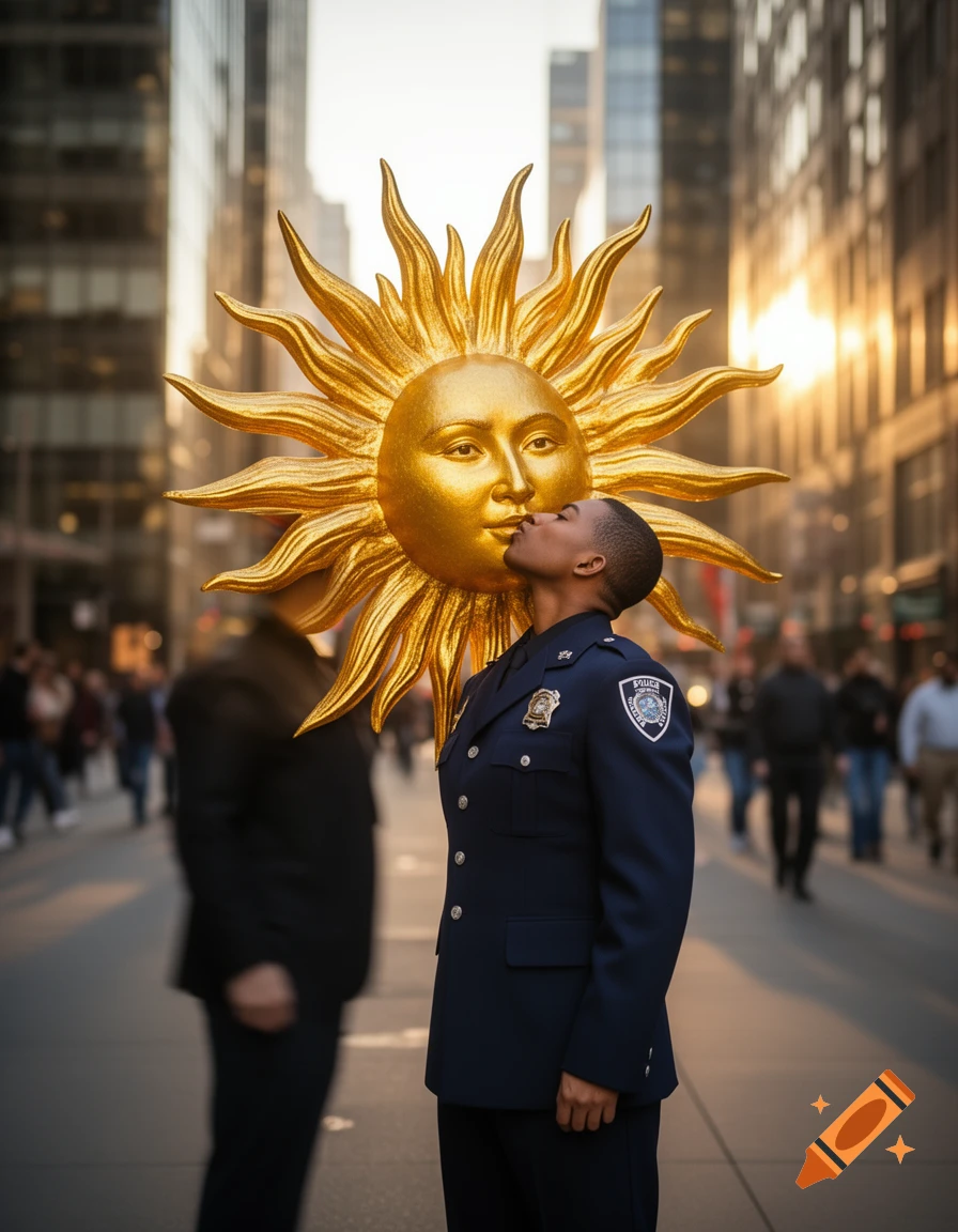 A man in a navy police uniform kisses a large, golden sun sculpture with a human face on a city street at sunset, with blurred buildings in the background.
