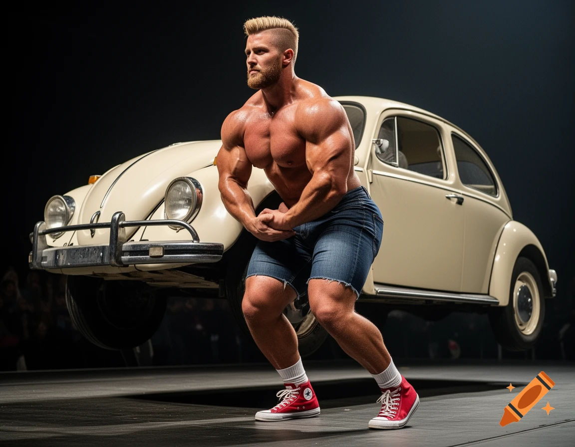 Muscular man flexing on a stage, lifting the front of a cream-white vintage VW Beetle. Photorealistic.