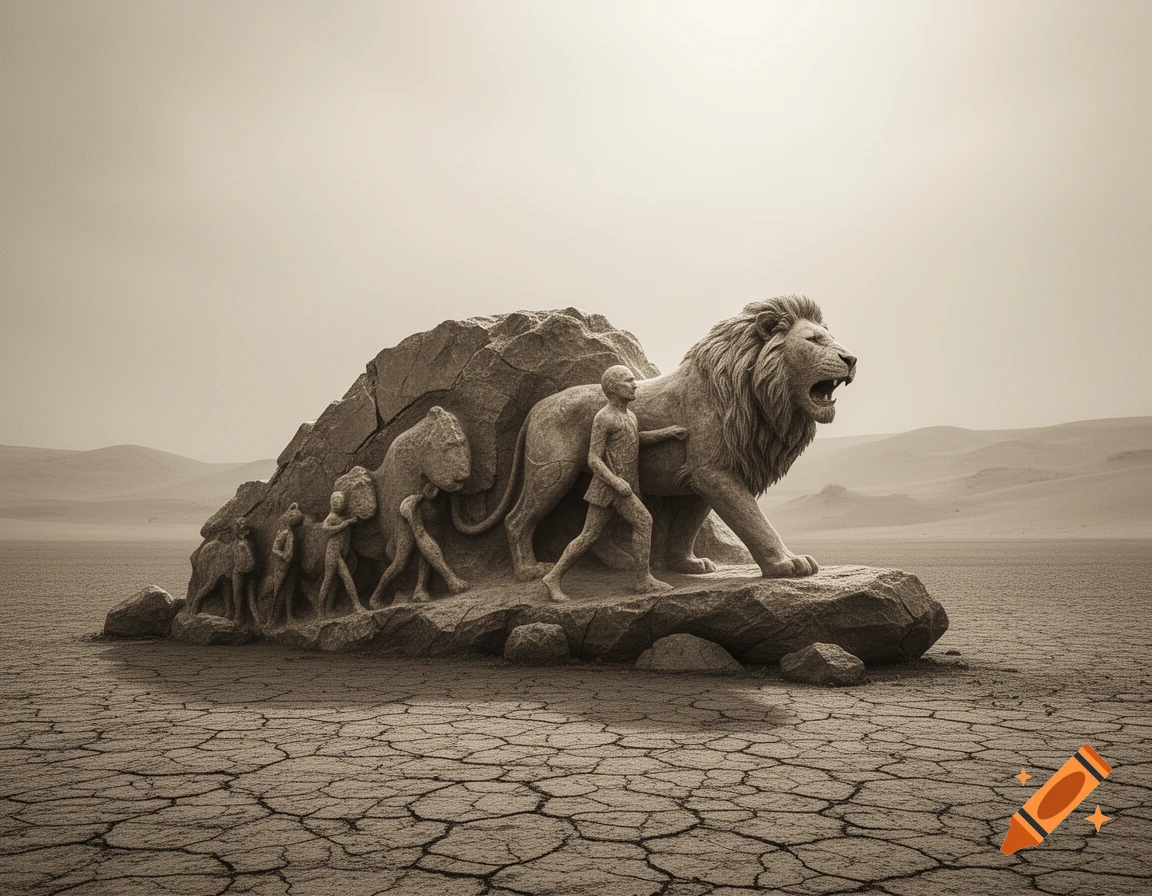 A sepia-toned image of a large rock sculpture in a cracked desert, depicting figures evolving into a roaring lion.