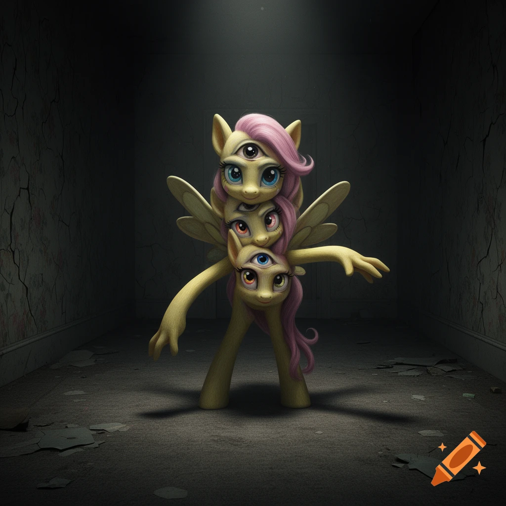 A distorted Fluttershy with three stacked heads, multiple eyes, and pink hair stands in a dark, abandoned room.