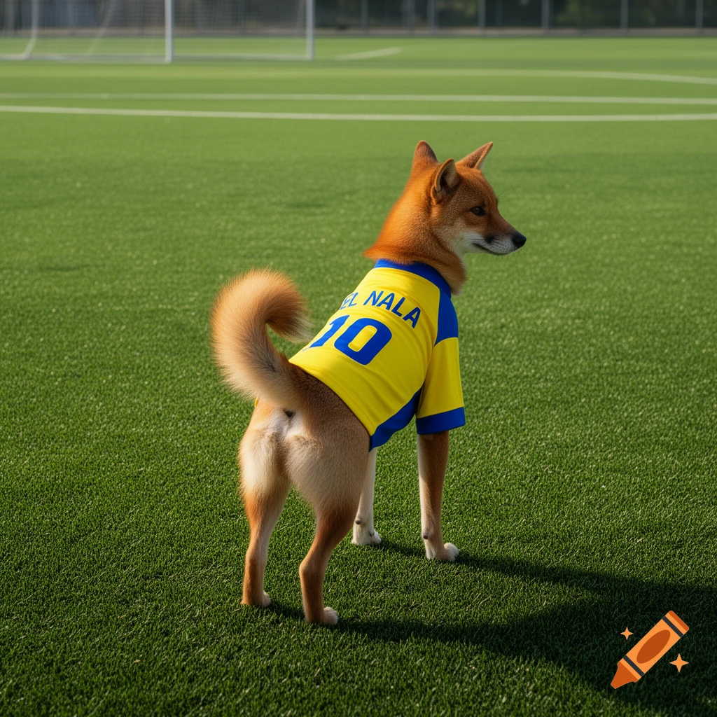 A fox-brown dog wearing a yellow and blue soccer jersey with "EL NALA 10" on the back, standing on a green soccer field.