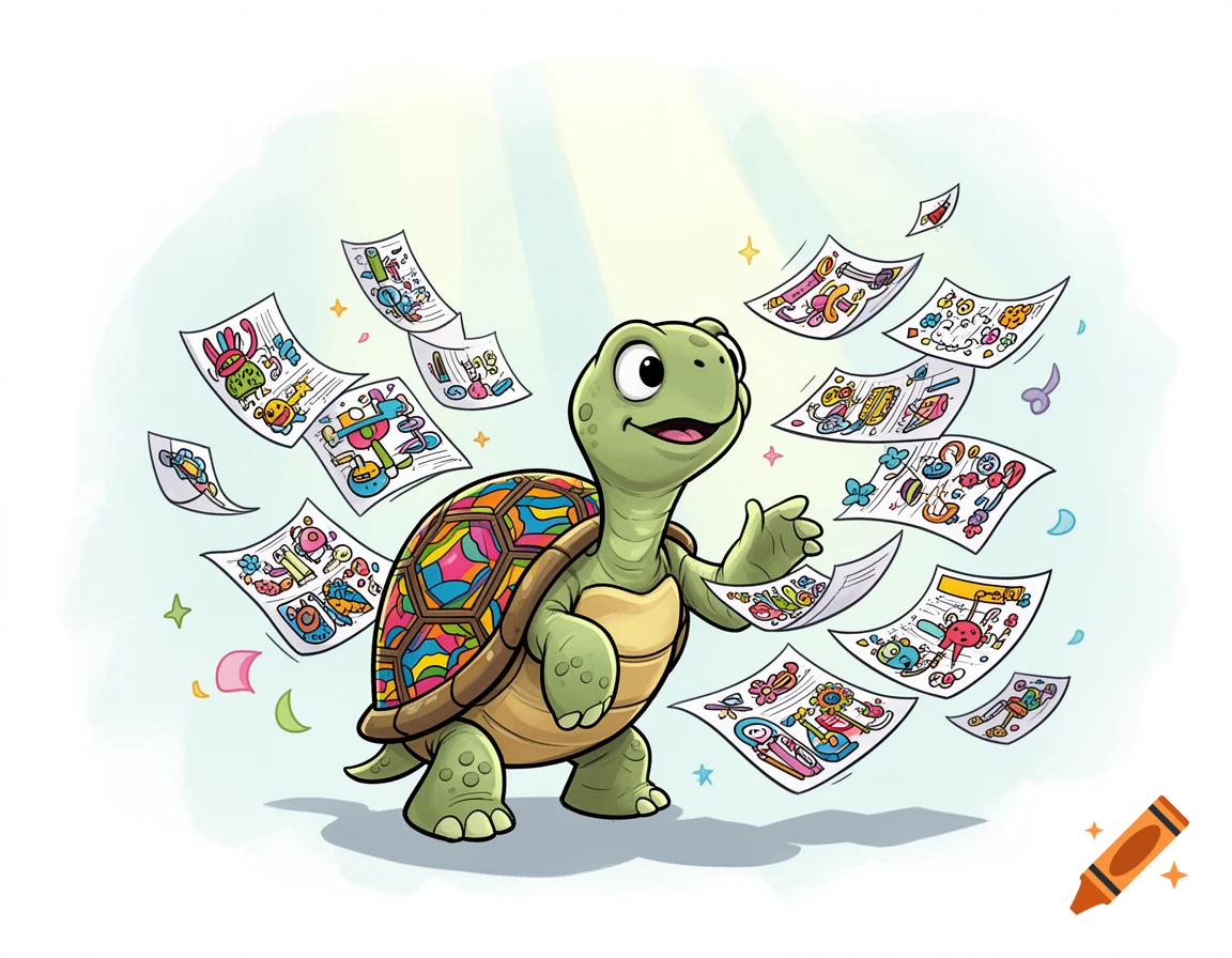 A smiling cartoon turtle with a vibrant, geometric shell surrounded by floating sheets of colorful, child-like drawings.
