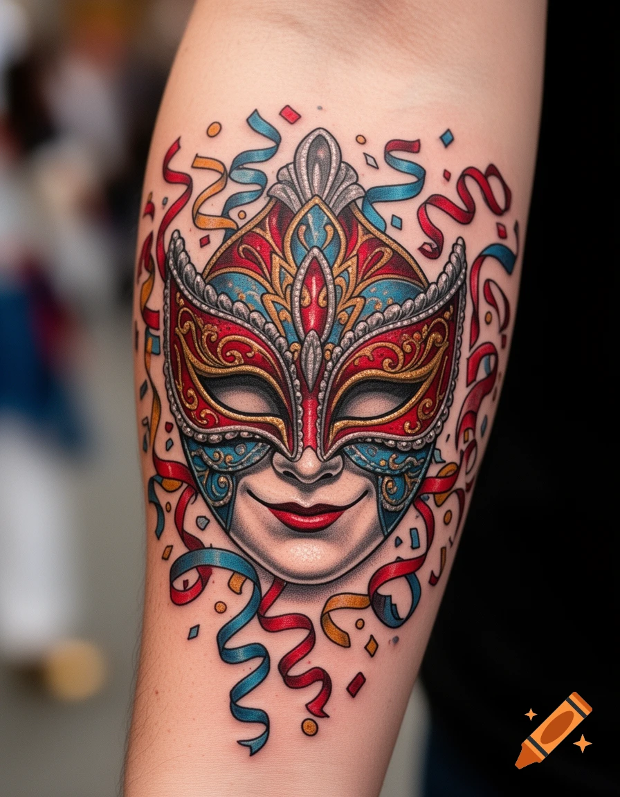 A colorful, ornate Venetian-style carnival mask tattoo with confetti and ribbons, vibrant on a person's arm.