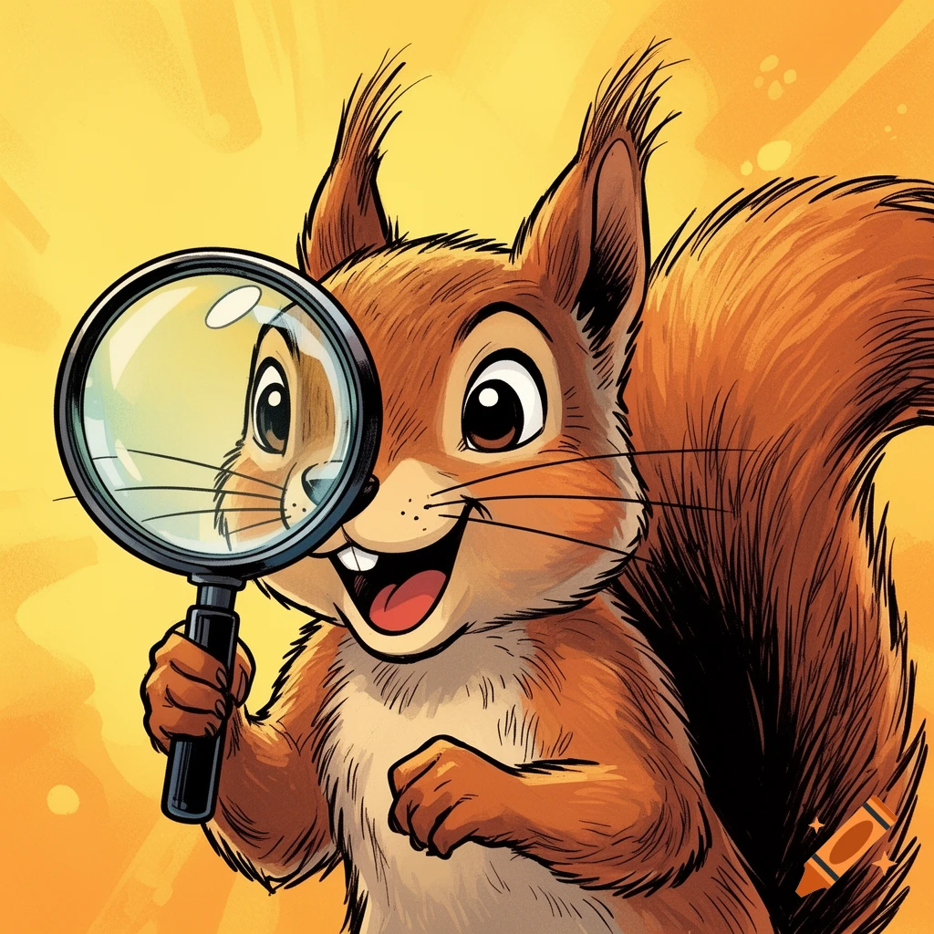 A happy cartoon squirrel looking through a magnifying glass with enthusiasm, in a comic style illustration.
