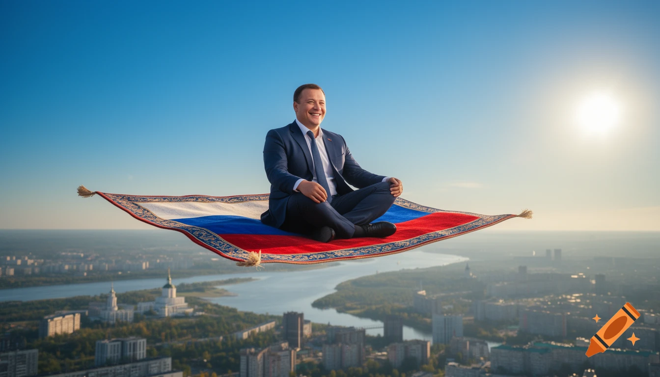 Photorealistic image of Roman Vodyanov flying on a magic carpet shaped like the Russian flag over a city and river under a bright blue sky.